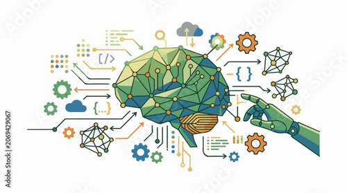 A colorful illustration of a brain with gears and coding symbols