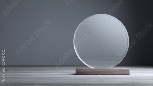 Blank circular glass award or trophy on wooden stand on grey background