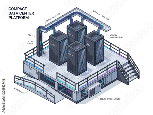 Bild auf Leinwand Isometric view of compact data center platform with servers and cooling system i