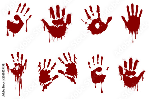 Photos Red Bloody Handprints with Dripping Blood Silhouette Collection Isolated on Whit