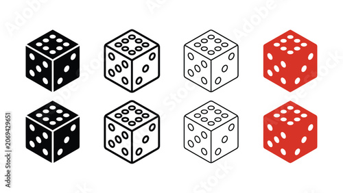 Set of isometric dice icons in various styles and colors