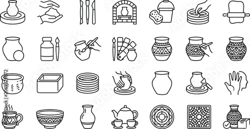 Pottery studio and handmade ceramic craft line icons set for clay modeling workshop art classes and manufacturing process vector.