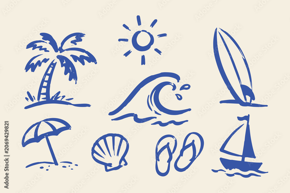 Obraz premium Beach Summer Doodle Set Vector Illustration