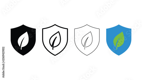 Set of shield icons with leaf symbol representing eco friendly protection