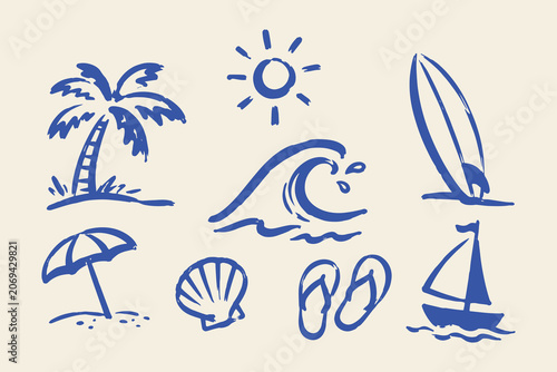 Beach Summer Doodle Set Vector Illustration