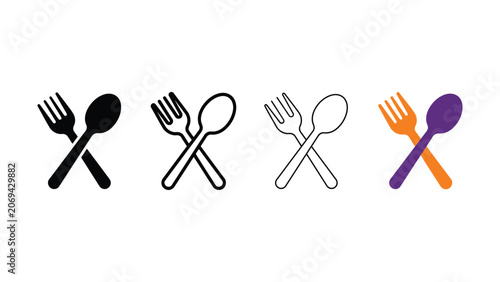 Set of vector fork and spoon crossed icons for food and restaurant design concepts