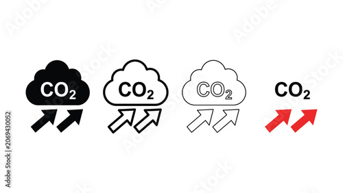 Set of carbon dioxide emission cloud icons with upward arrows