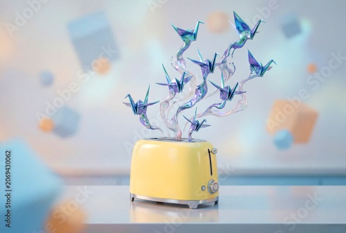 Iridescent Liquid Metal Origami Cranes Flying Out of Toaster