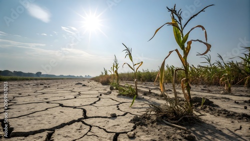 A desolate parched corn field showing the environmental impact of drought and severe heat with environmental agriculture earthquake landscape disaster shortage wasteland daylight devastation