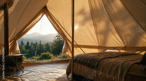 Cozy Glamping Tent Interior Overlooking a Forest Sunrise