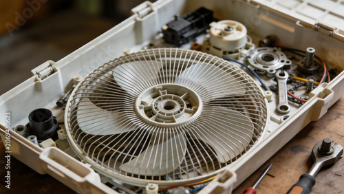 Disassembled fan unit with tools and components