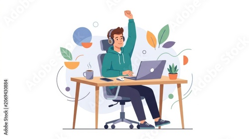 Happy person celebrating success at workspace with laptop isolated on white background