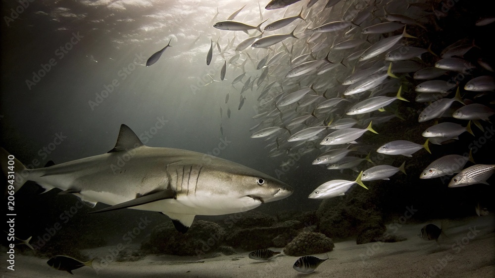 Obraz premium The great white shark (Carcharodon carcharias), also known as the white shark swimming among the school of fish, Great Barrier Reef, Australia. 