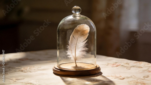 Feather under glass dome on table