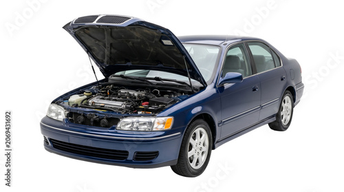 Fotografía Dark blue sedan car with hood open showing engine compartment side view isolated on transparent background