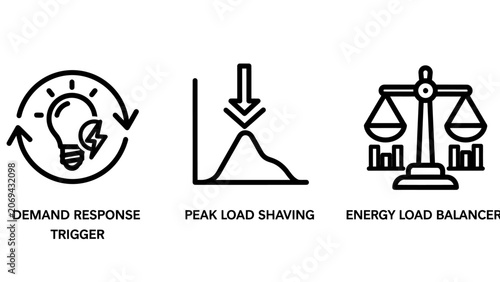 Energy management and load balancing icons with balancing response electricity management efficiency conservation technology industrial resource sustainability consumption analysis