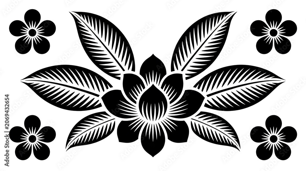 Fototapeta premium An artistic black and white illustration of a flower with leaves and smaller flowers around it
