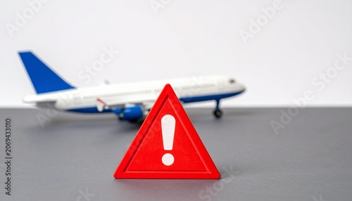 Model Airplane Behind Red Warning Sign with Exclamation Mark Representing Aviation Safety, Caution, Risk Awareness, and Motivational Travel Alertness