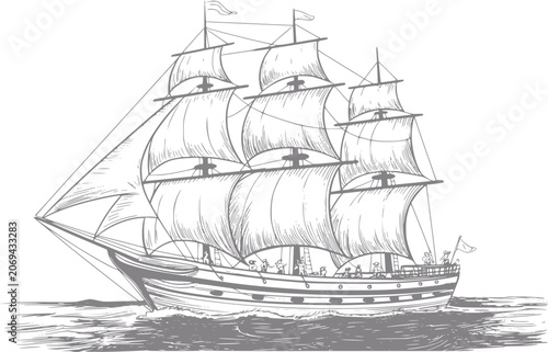 Foto Vintage tall ship sailing on the ocean with full sails