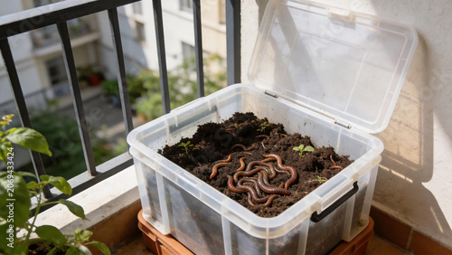Composting worms in plastic bin on balcony