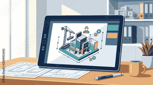 A tablet displays a 3D building design on a desk with office supplies