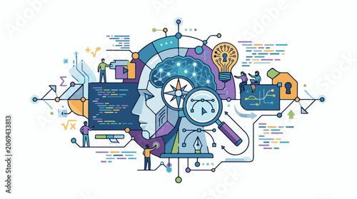 A colorful illustration of a person's head with a brain made of circuits and a magnifying glass in front surrounded by