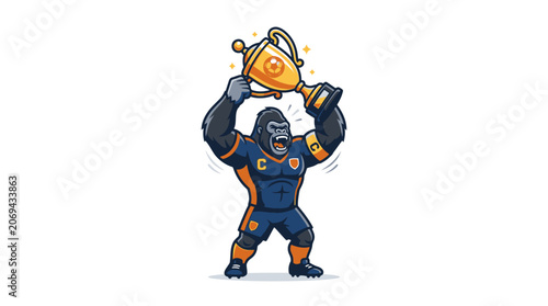 Foto Powerful gorilla mascot lifting golden trophy cup aloft.