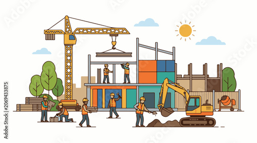 A colorful illustration of construction workers building a structure with a crane excavator and other equipment on a s