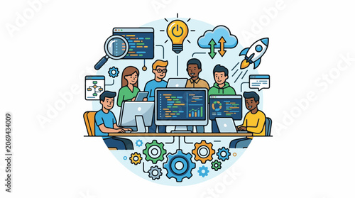 A diverse group of people working on computers surrounded by technology symbols