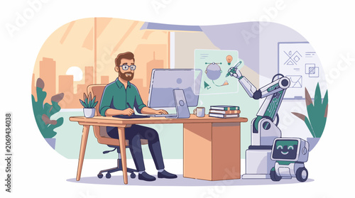 A man with a beard and glasses works on a computer with a robot