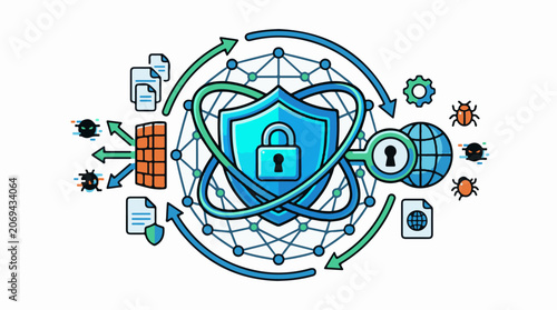 A blue shield with a lock surrounded by a network and arrows