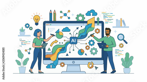 Colorful illustration of two people working with AI