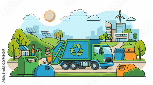 A green recycling truck in a sustainable city with people and bins
