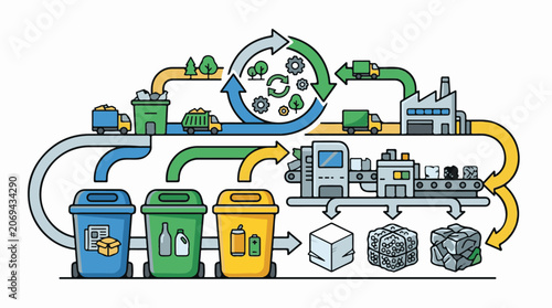 A colorful illustration depicting recycling process