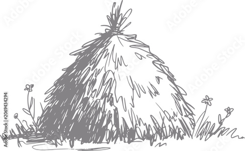 Canvastavla Of a haystack with small flowers in a field