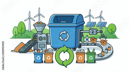A blue recycling bin with a recycling symbol sits on a conveyor belt surrounded by various recyclable materials and recy