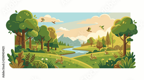 A serene landscape with a river trees and animals in a natural setting