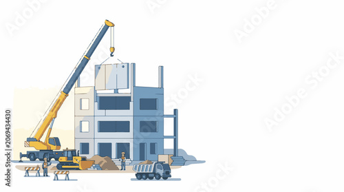 Illustration of a construction site with a crane lifting a wall panel