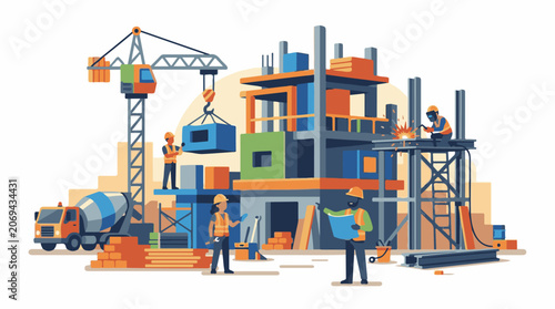 A colorful construction site with workers and equipment