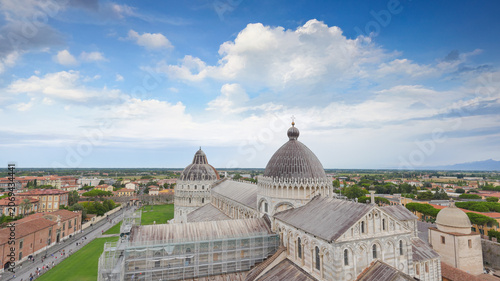 Fotografi Aerial view of Piazza dei Miracoli in Pisa with Leaning Tower and historic build