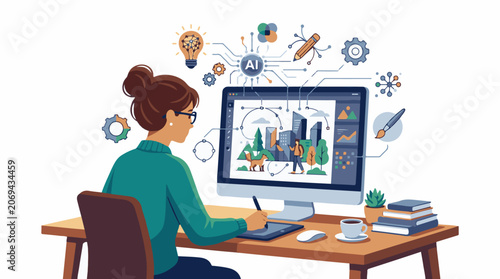 A woman works on a computer with graphic design software surrounded by creative tools