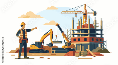 A construction site with a worker excavator crane and building under construction