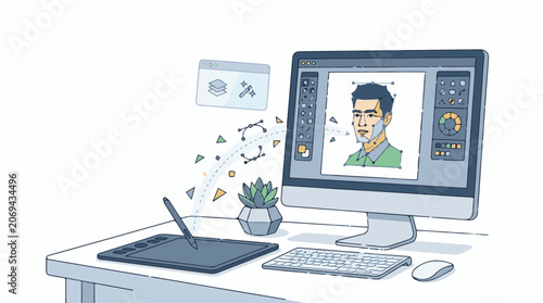 A computer monitor displaying a man's portrait on a graphic design software surrounded by a keyboard mouse drawing ta