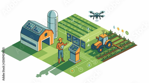 A vibrant digital illustration depicting a modern farm with technology