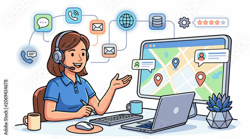 A cartoon woman wearing a headset sits at a desk with a computer and map on the screen
