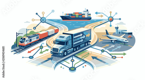 A stylized illustration depicting various modes of transportation (3)