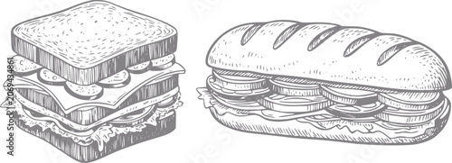 Tableau sur toile Hand-drawn of a classic sandwich and a submarine sandwich