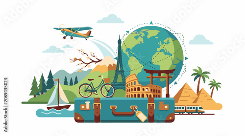 A colorful illustration showcasing travel symbols