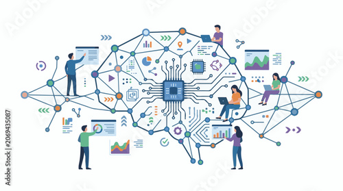 Colorful illustration of people working with laptops and data visualization elements connected by lines
