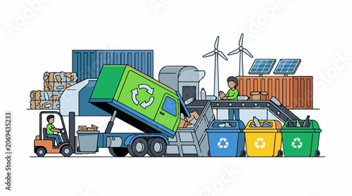 Recycling center with truck workers and waste management equipment
